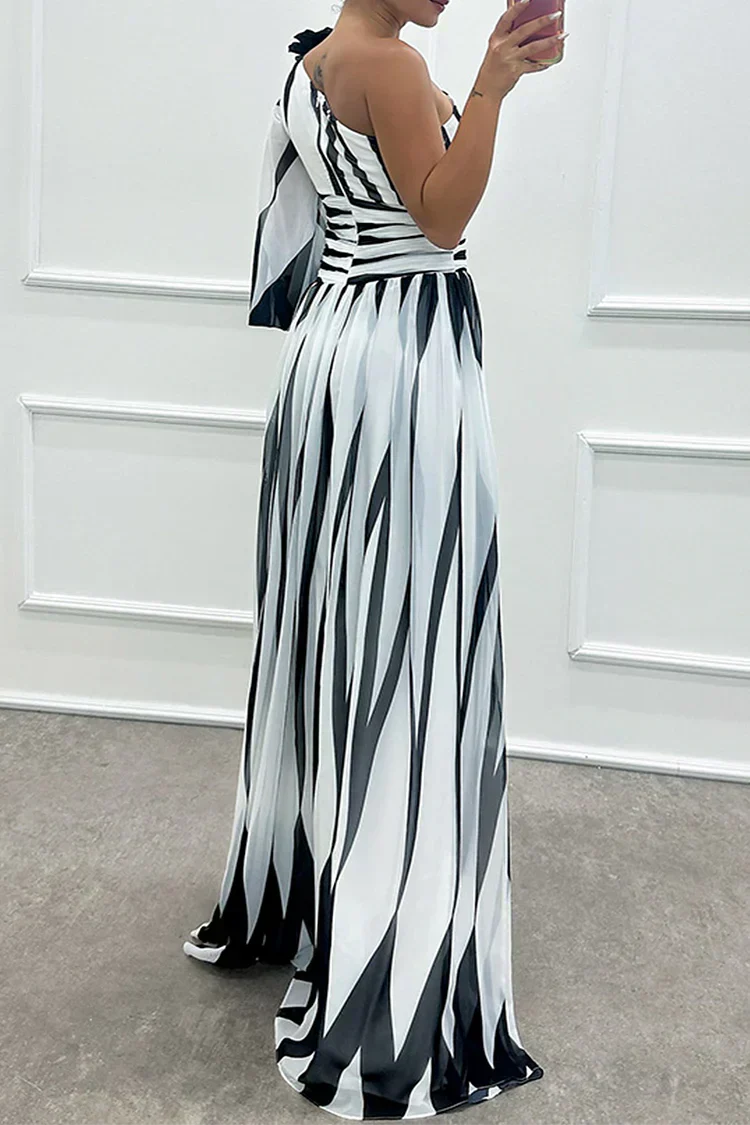 Robe Maxi One-Shoulder Rayée Avec Jupe Plissée Pour Femme | Idéale Pour L'Été
