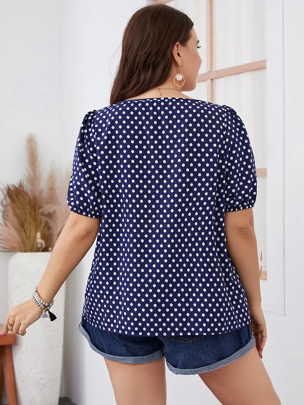 Top À Manches Courtes Avec Col Carré Et Motif À Pois Pour Femmes Grandes Tailles | Idéal Pour Usage Quotidien