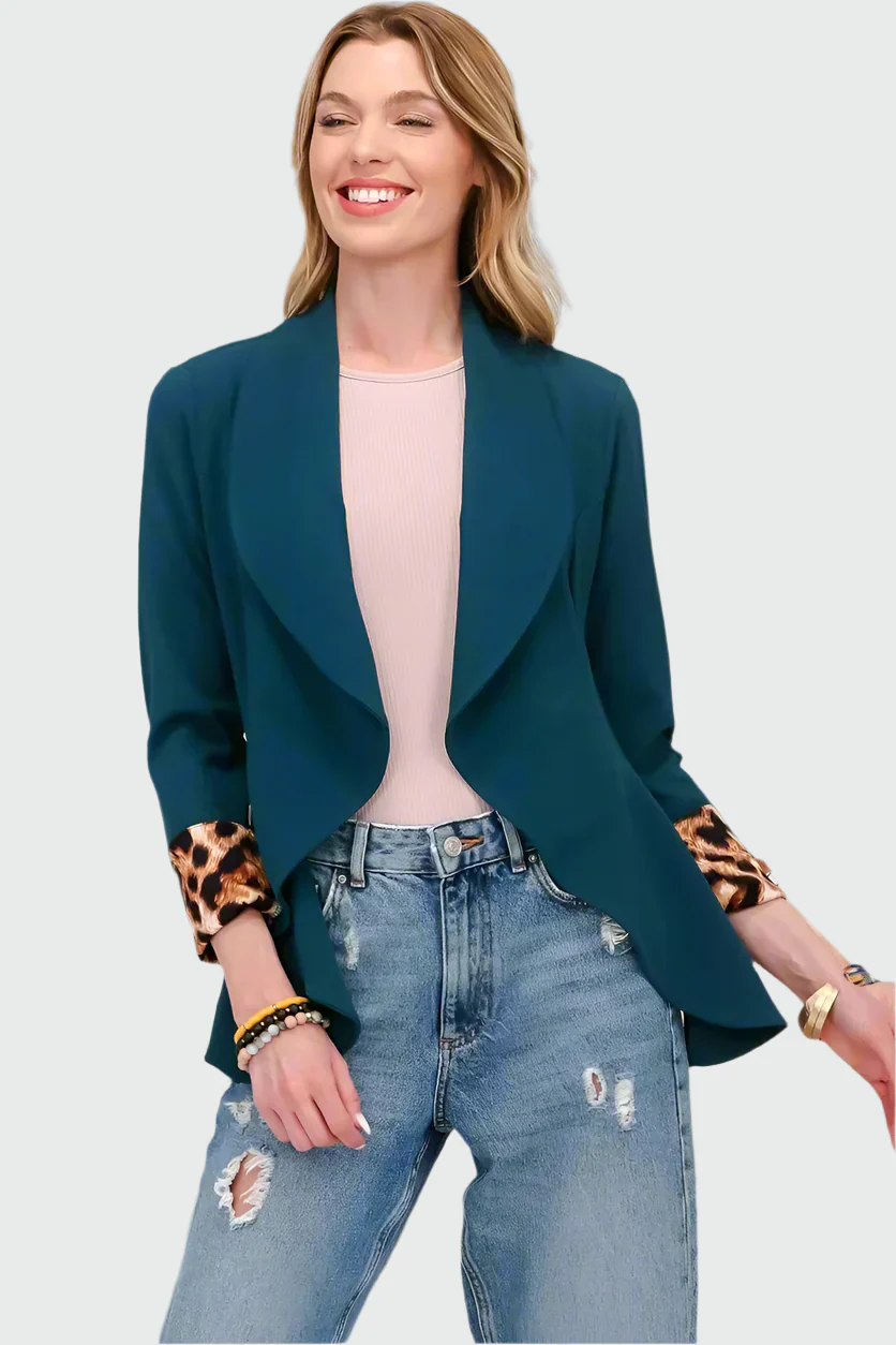 Blazer Léopard à Manches Relevées et Devant Ouvert pour Femme | Idéal pour Tenues Décontractées ou Festives