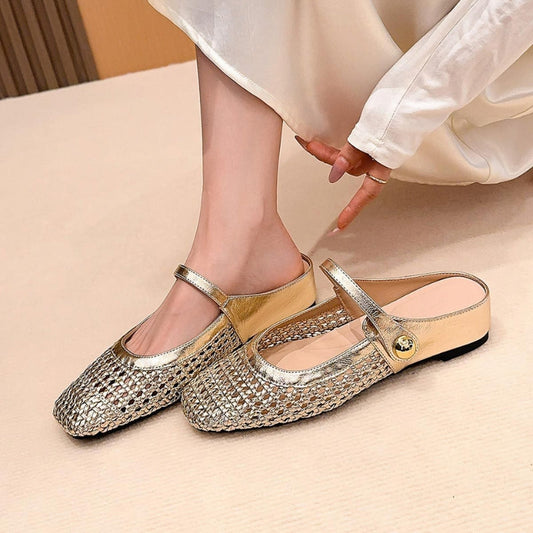 Mules plates tressées à bride réglable pour femmes