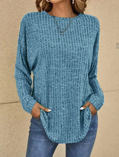 Pull En Maille Côtelée Avec Ourlet Arrondi Et Poches Latérales Pour Femme | Idéal Pour La Superposition