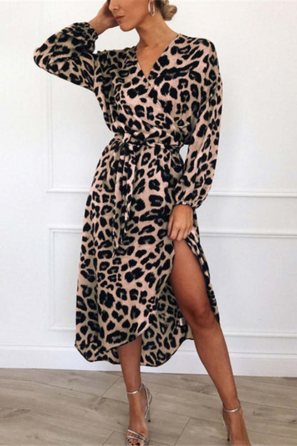 Robe Midi À Col En V Avec Ceinture Et Imprimé Léopard Pour Femme | Idéale Pour Des Occasions Courantes