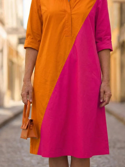 Robe midi bicolore à col chemise pour femmes