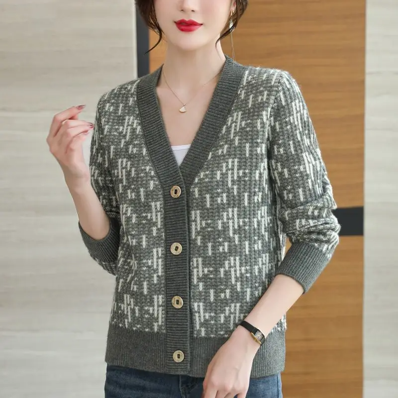 Cardigan col V motif bicolore pour femmes
