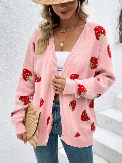 Cardigan motif fraises manches longues pour femmes