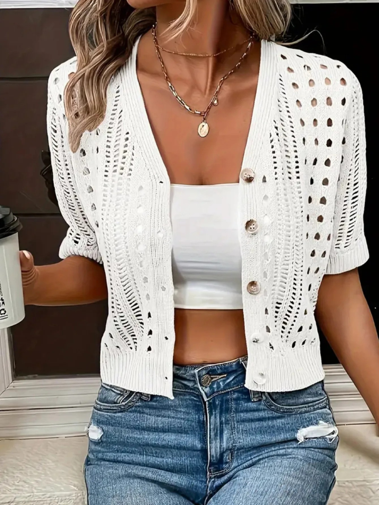 Cardigan court à col V ajouré et boutonné à manches courtes pour femme | Idéal pour le printemps et l’été