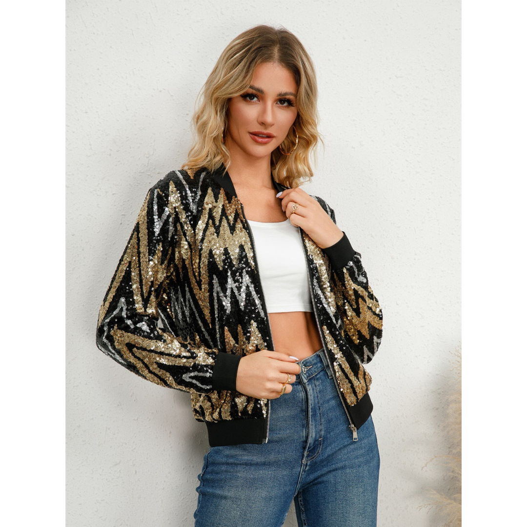 Veste Avec Fermeture Zippée Et Détails à Paillettes Pour Femmes | Idéal Pour Soirées Et Événements