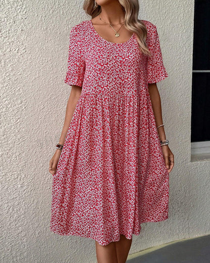 Robe Midi À Motif Floral Avec Col Rond Et Manches Courtes Pour Femme | Idéale Pour Le Jour Et La Soirée