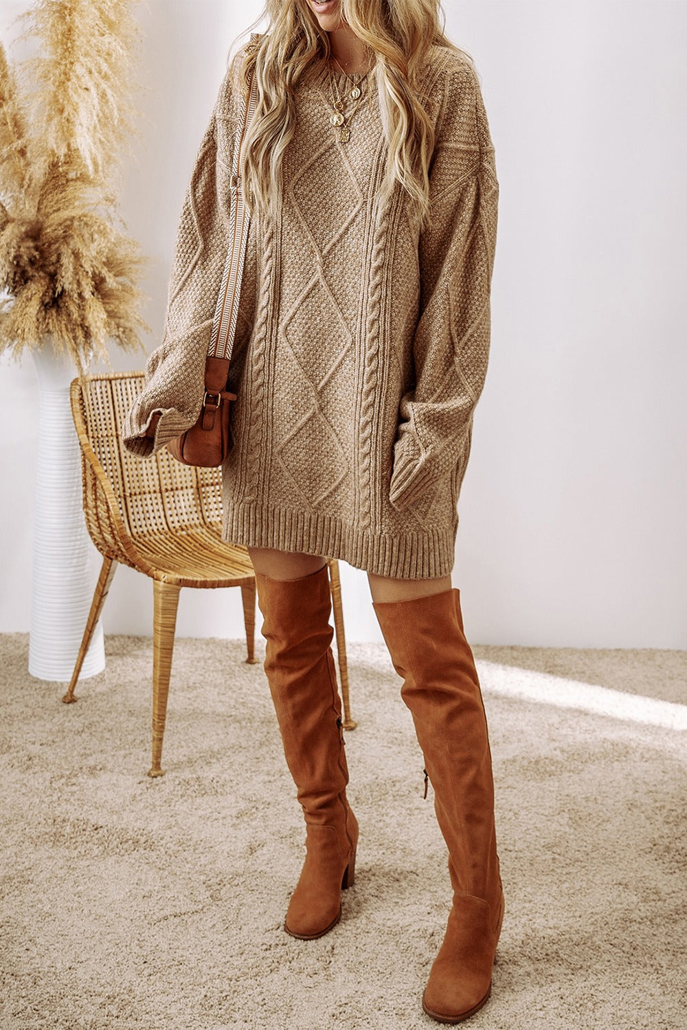 Pull Long avec Motif À Losanges pour Femme | Idéal pour La Saison Fraîche