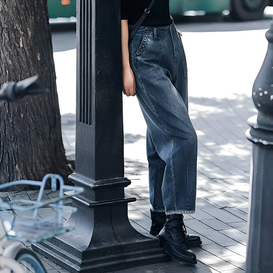Jean Taille Haute à Coupe Sarouel avec Poches pour Femme | Idéal pour un Usage Quotidien