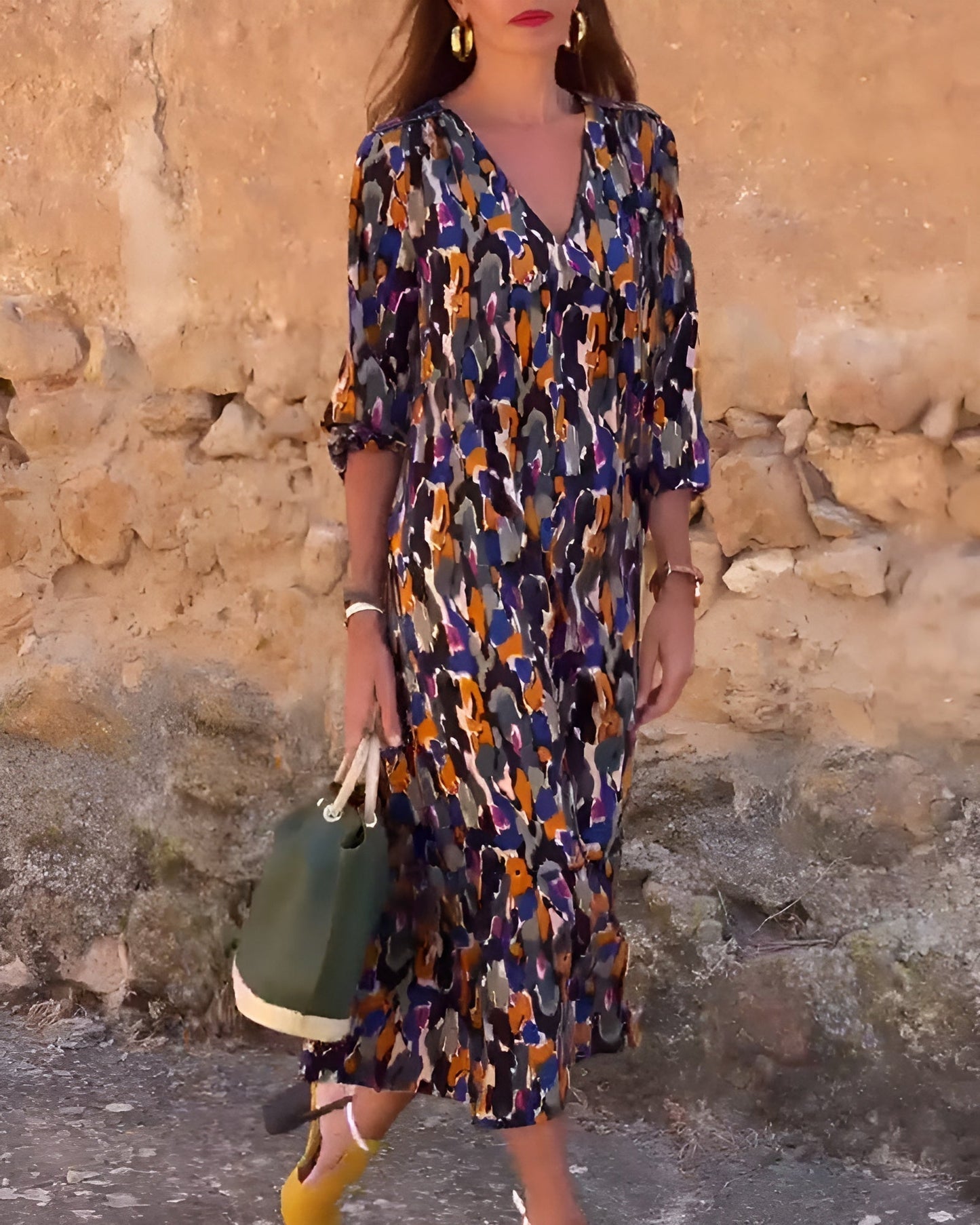 Robe À Col En V Avec Imprimé Rétro Pour Femme | Idéale Pour Le Quotidien Et Les Sorties Décontractées