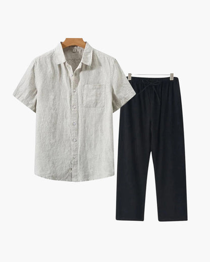 Ensemble Été Deux Pièces Avec Chemise Courte Et Pantalon À Taille Élastique Pour Homme | Idéal Pour Saison Estivale