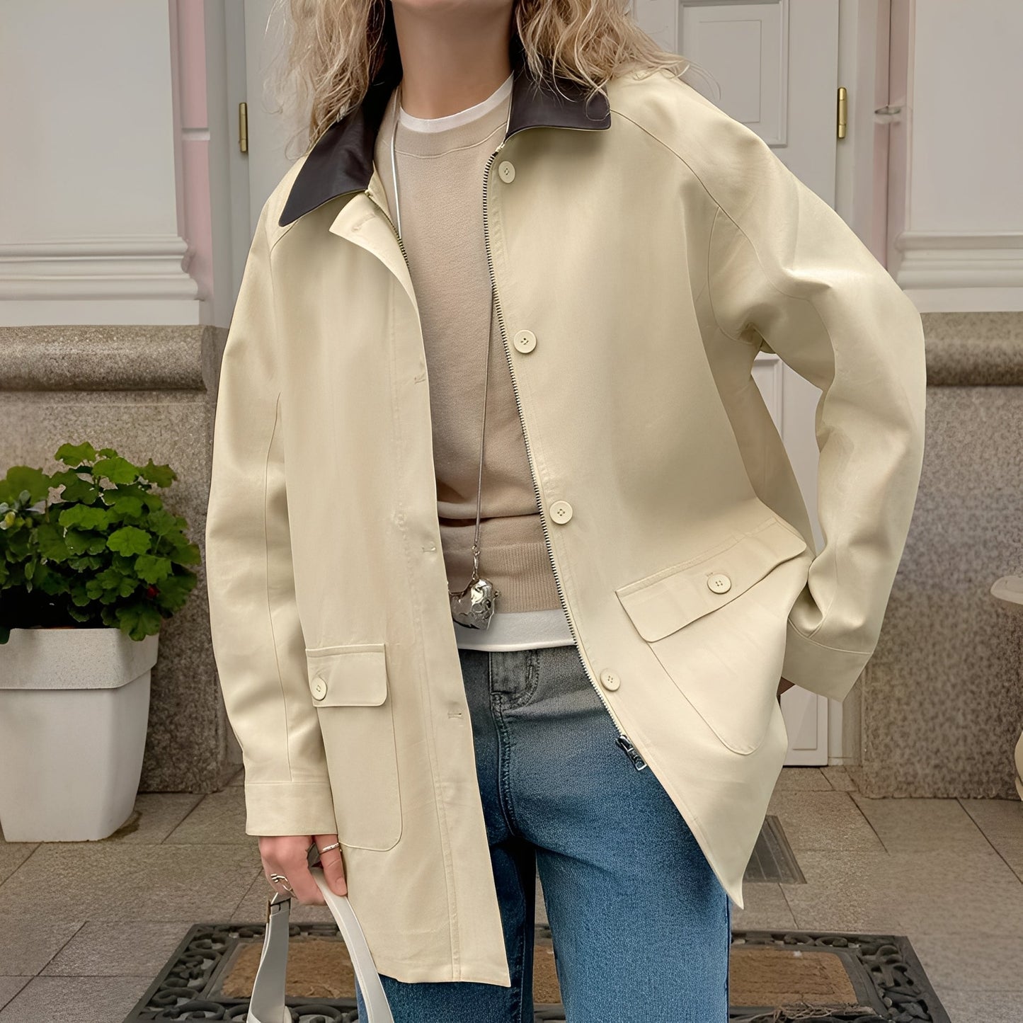 Veste Ample avec Col Polo et Design Contrasté pour Femme | Idéale pour le Quotidien