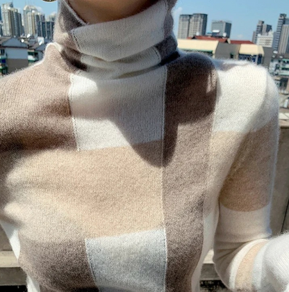 Pull à Manches Longues avec Motif à Carreaux et Col Roulé pour Femmes | Idéal pour l’Hiver et l’Automne
