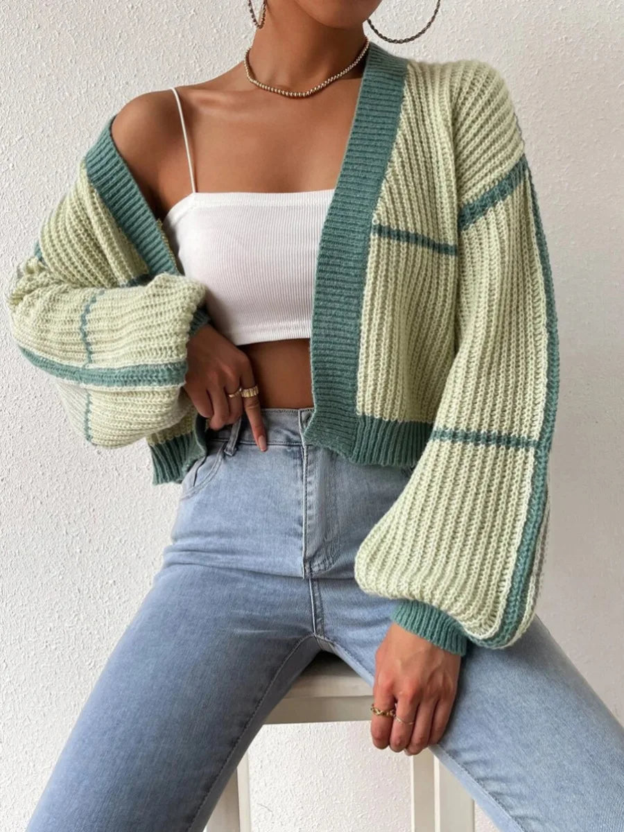 Cardigan court à bandes contrastées et manches longues pour femme | Idéal pour l’automne et les occasions décontractées