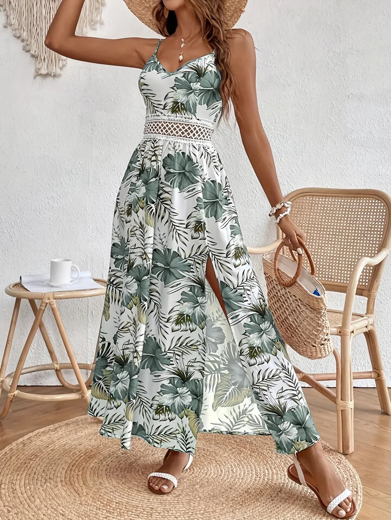 Robe Longue À Fines Bretelles Avec Imprimé Floral Et Fente Latérale Pour Femmes | Idéal Pour Été Et Vacances