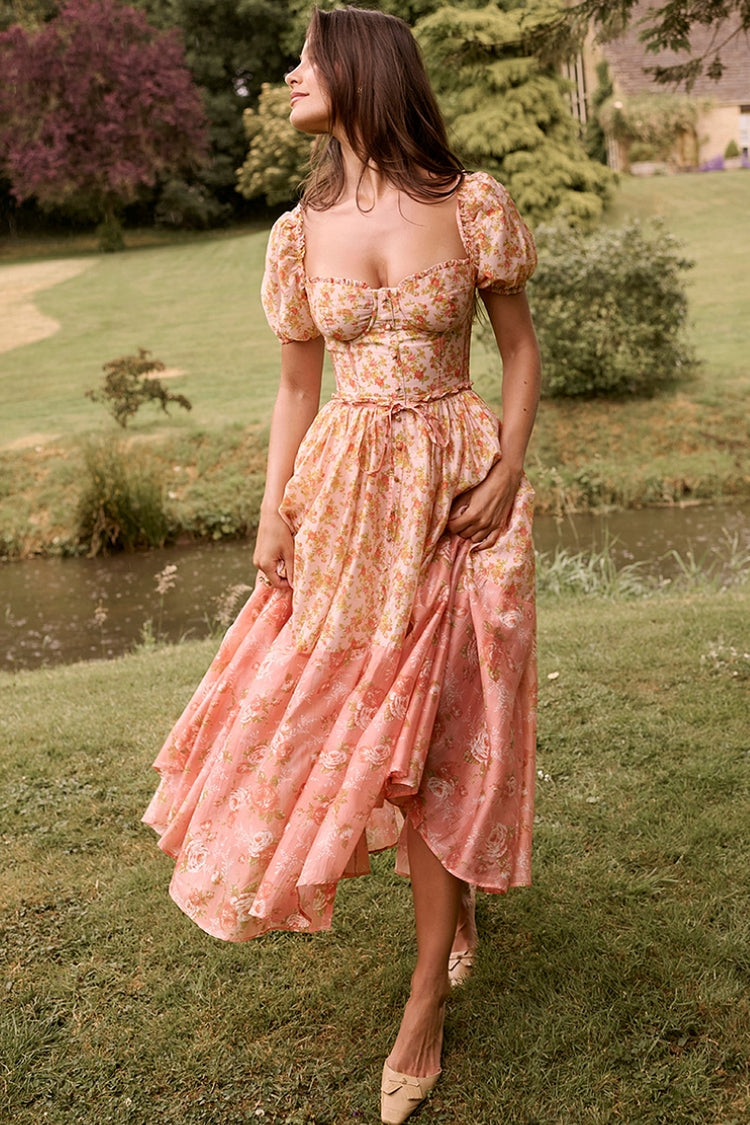 Robe À Motif Floral Avec Coupe Ajustée Et Manches Bouffantes Pour Femme | Idéal Pour Usage Quotidien Et Occasions