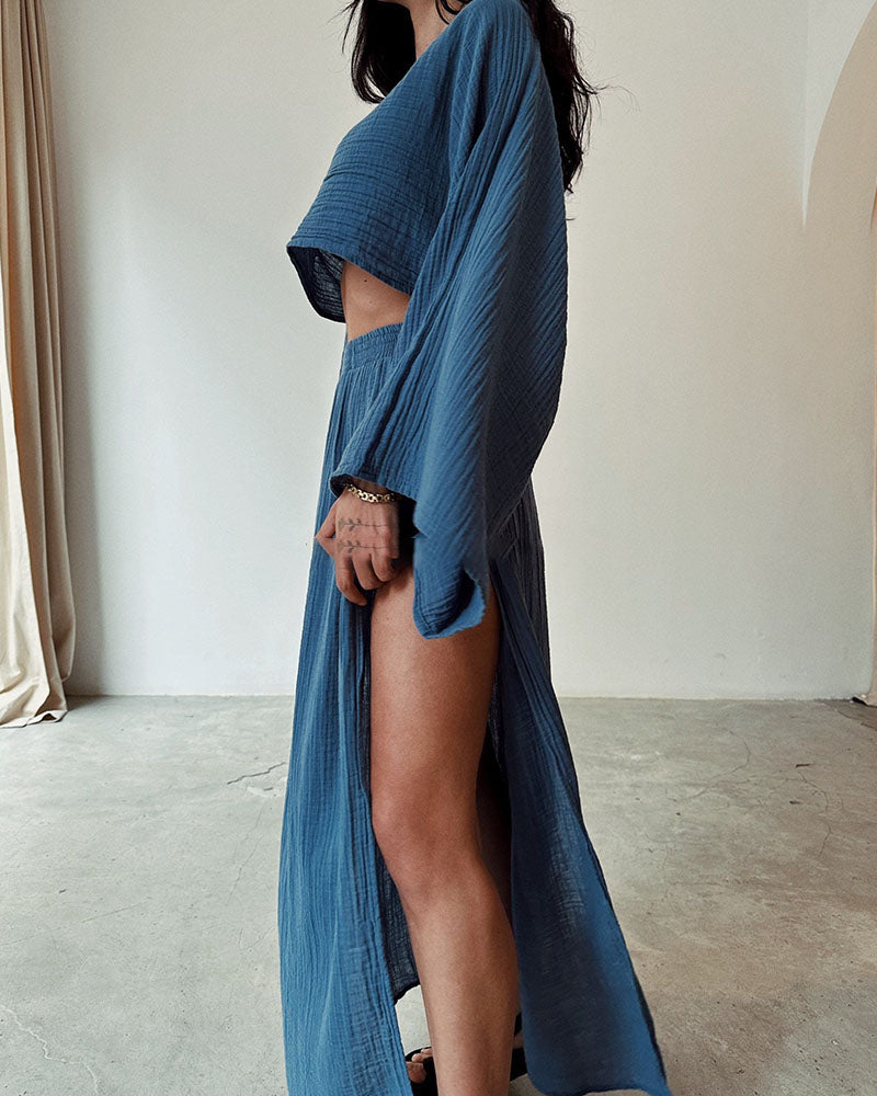 Ensemble Deux Pièces avec Top Court à Manches Longues et Jupe Longue Fendue pour Femme | Idéal pour l’Été