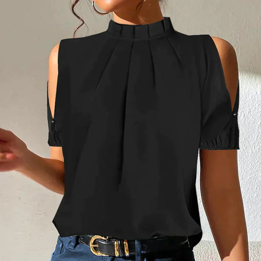 Blouse à Épaules Découpées avec Col Plissé pour Femme | Idéal pour les Tenues Quotidiennes