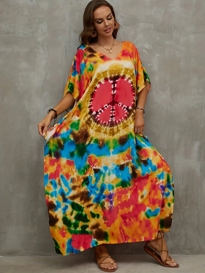 Caftan Long Coloré avec Motif Peace pour Femme | Idéal pour l’Été