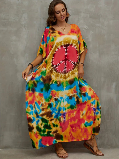 Caftan Long Coloré avec Motif Peace pour Femme | Idéal pour l’Été