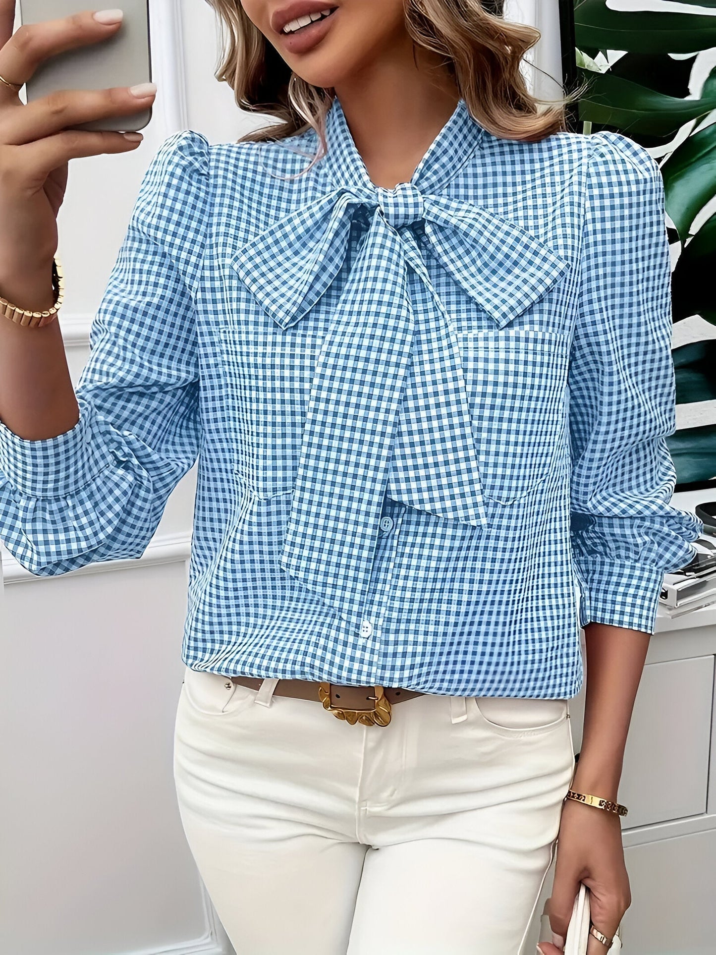 Blouse à Carreaux avec Détail Nœud pour Femme | Idéale pour Usage Quotidien et Bureau