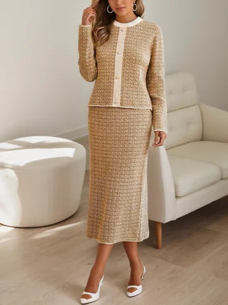 Ensemble Deux Pièces avec Veste à Col Rond Contrasté et Jupe Midi pour Femmes | Idéal pour Événements et Réunions