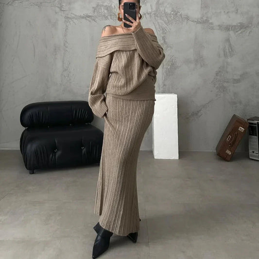 Ensemble Deux Pièces Pull Épaules Dénudées Et Jupe Ajustée Pour Femme | Idéal Pour Sorties Et Usage Quotidien