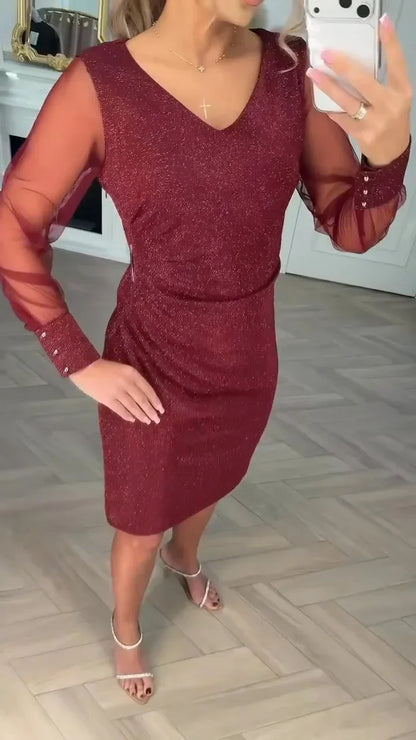 Robe Midi Patchwork À Col V Et Manches Longues Pour Femme | Idéal Pour Usage Quotidien Et Occasions