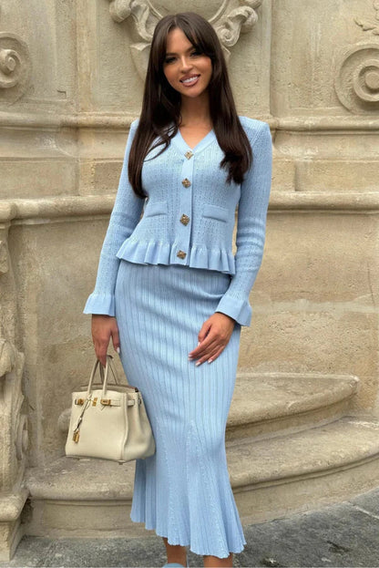 Ensemble Deux Pièces avec Cardigan à Col en V et Jupe Longue Évasée pour Femmes | Idéal pour Tenues de Travail ou Sorties