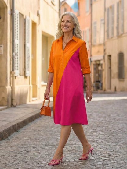 Robe midi bicolore à col chemise pour femmes