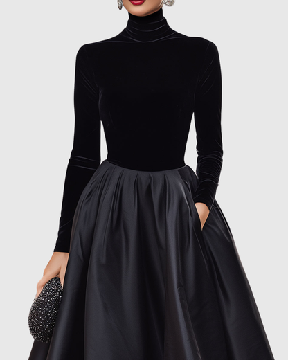 Robe Midi en Velours et Satin avec Coupe Ajustée pour Femme | Idéale pour Événements et Soirées