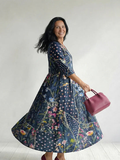 Robe midi à imprimé floral et pois pour femmes | Idéale pour les sorties et le week-end
