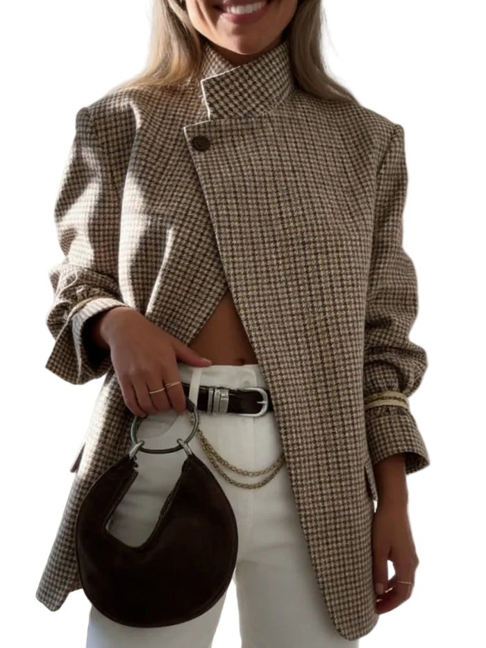 Blazer à Motif Carreaux avec Fermeture Asymétrique pour Femme | Idéal pour Travail et Occasions Quotidiennes