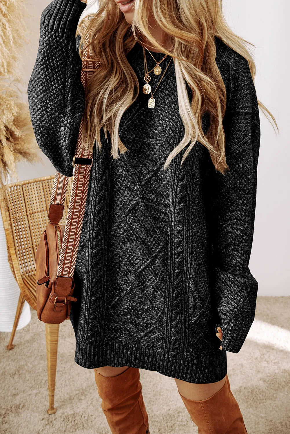 Pull Long avec Motif À Losanges pour Femme | Idéal pour La Saison Fraîche