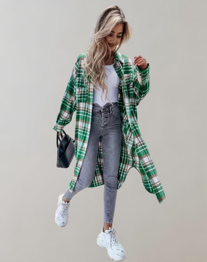 Manteau Long à Carreaux avec Boutons pour Femme | Idéal pour la Saison Automnale