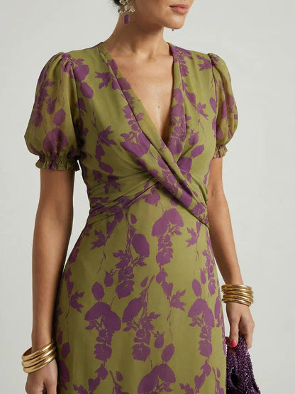 Robe midi cache-cœur à imprimé floral pour femmes | Idéal pour cérémonie ou mariage