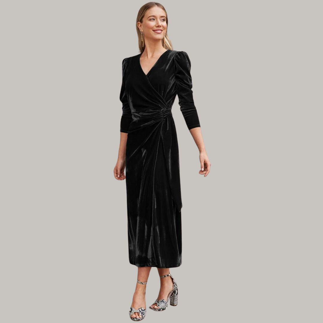 Robe Midi Portefeuille avec Manches Longues Bouffantes pour Femme | Idéale pour Soirées et Réceptions