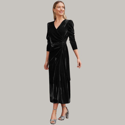 Robe Midi Portefeuille avec Manches Longues Bouffantes pour Femme | Idéale pour Soirées et Réceptions
