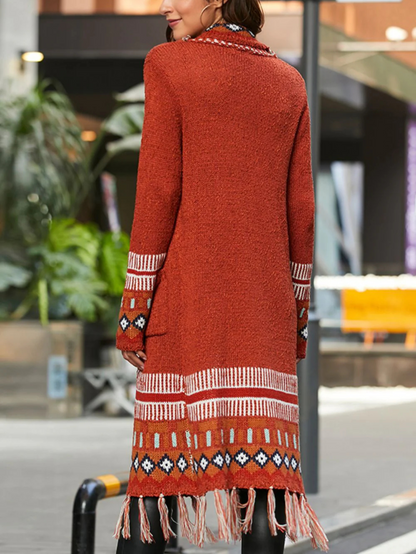 Cardigan long à motif géométrique et franges pour femme | Idéal pour l’automne et les occasions décontractées
