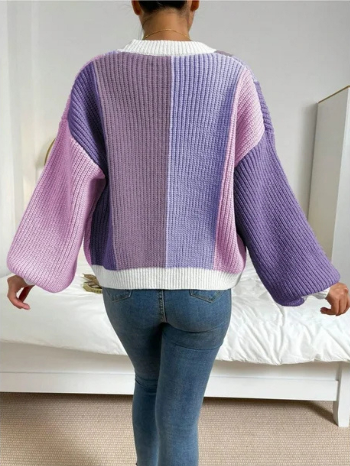 Cardigan à panneaux de couleurs contrastées et manches bouffantes pour femme | Idéal pour l’automne et les occasions décontractées