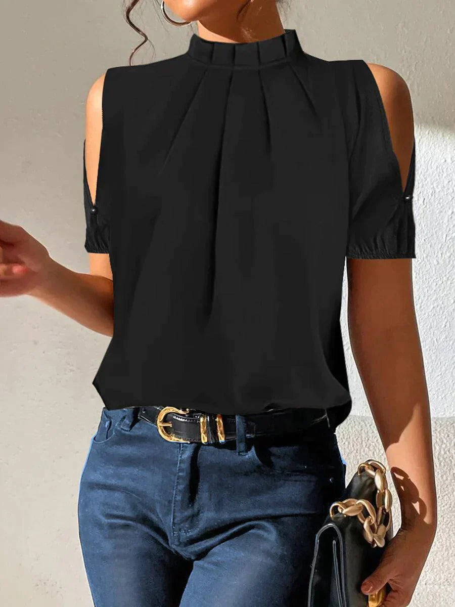 Blouse à Épaules Découpées avec Col Plissé pour Femme | Idéal pour les Tenues Quotidiennes