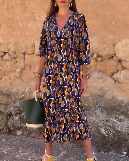 Robe À Col En V Avec Imprimé Rétro Pour Femme | Idéale Pour Le Quotidien Et Les Sorties Décontractées
