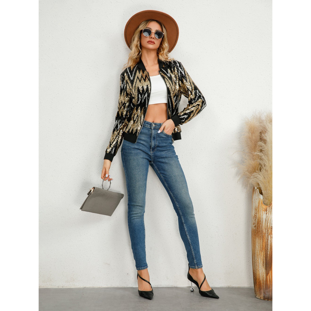 Veste Avec Fermeture Zippée Et Détails à Paillettes Pour Femmes | Idéal Pour Soirées Et Événements