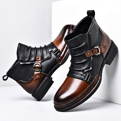 Boots Homme Bicolores À Tige Plissée Avec Boucles Métalliques | Idéales Pour L'automne Et L'hiver