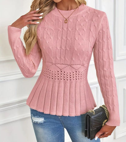 Pull à Manches Longues avec Ourlet Peplum et Motif Tressé pour Femme | Idéal pour un Usage Quotidien