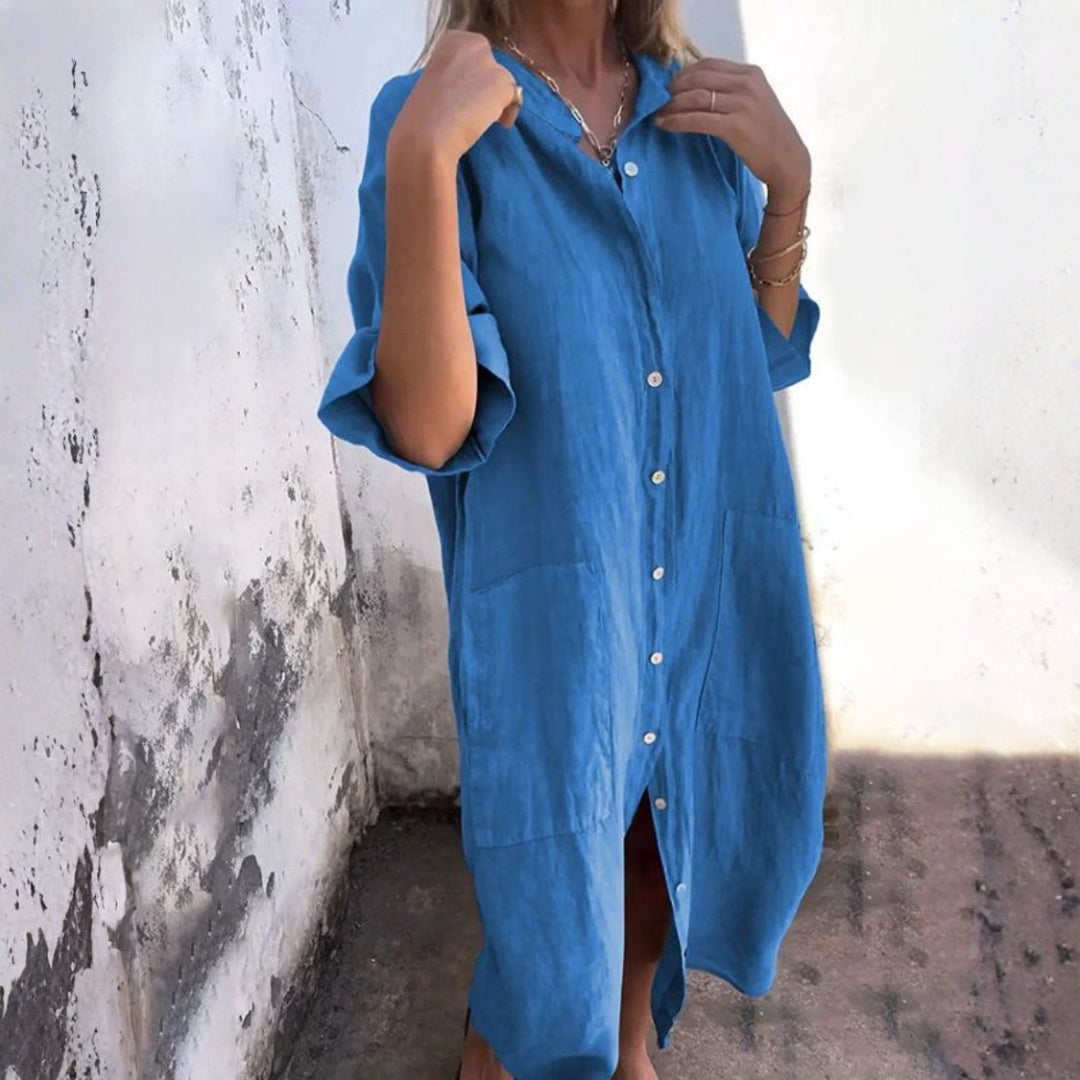 Robe Midi à Boutonnage avec Manches Longues pour Femme | Idéale pour la Saison Estivale et les Occasions Décontractées
