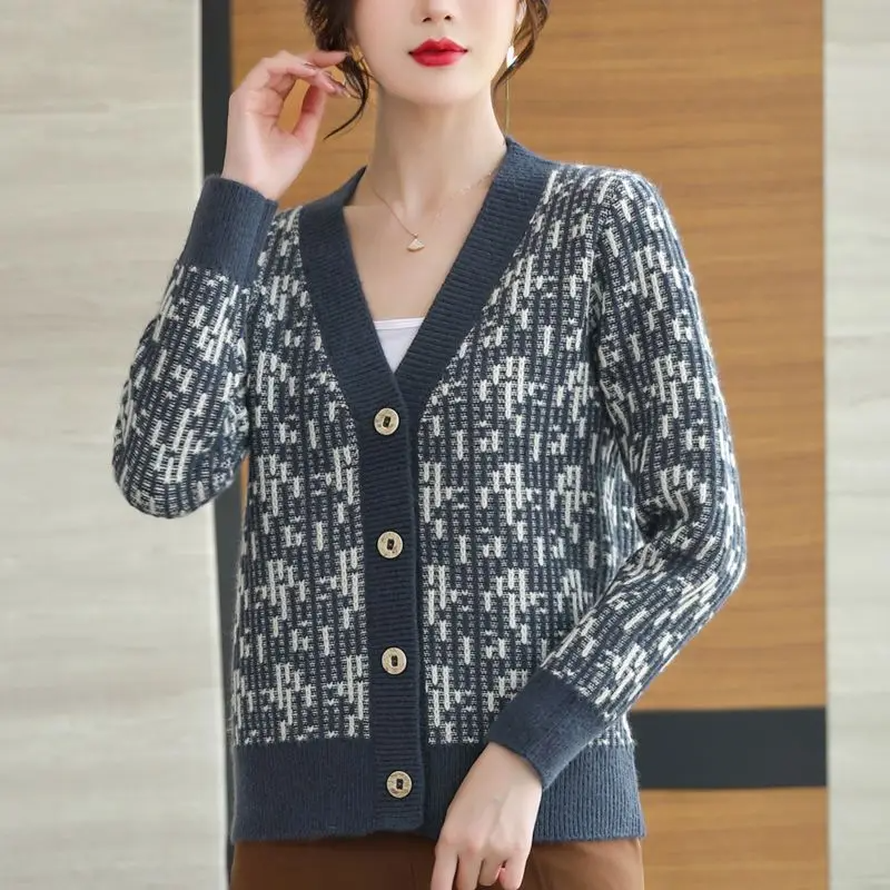 Cardigan col V motif bicolore pour femmes