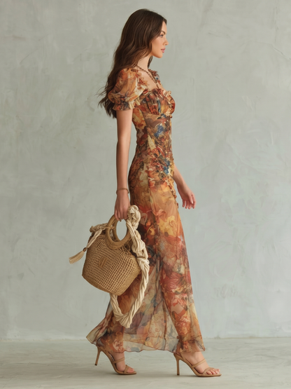 Robe midi à fente avec manches bouffantes pour femmes | Idéal pour l’été