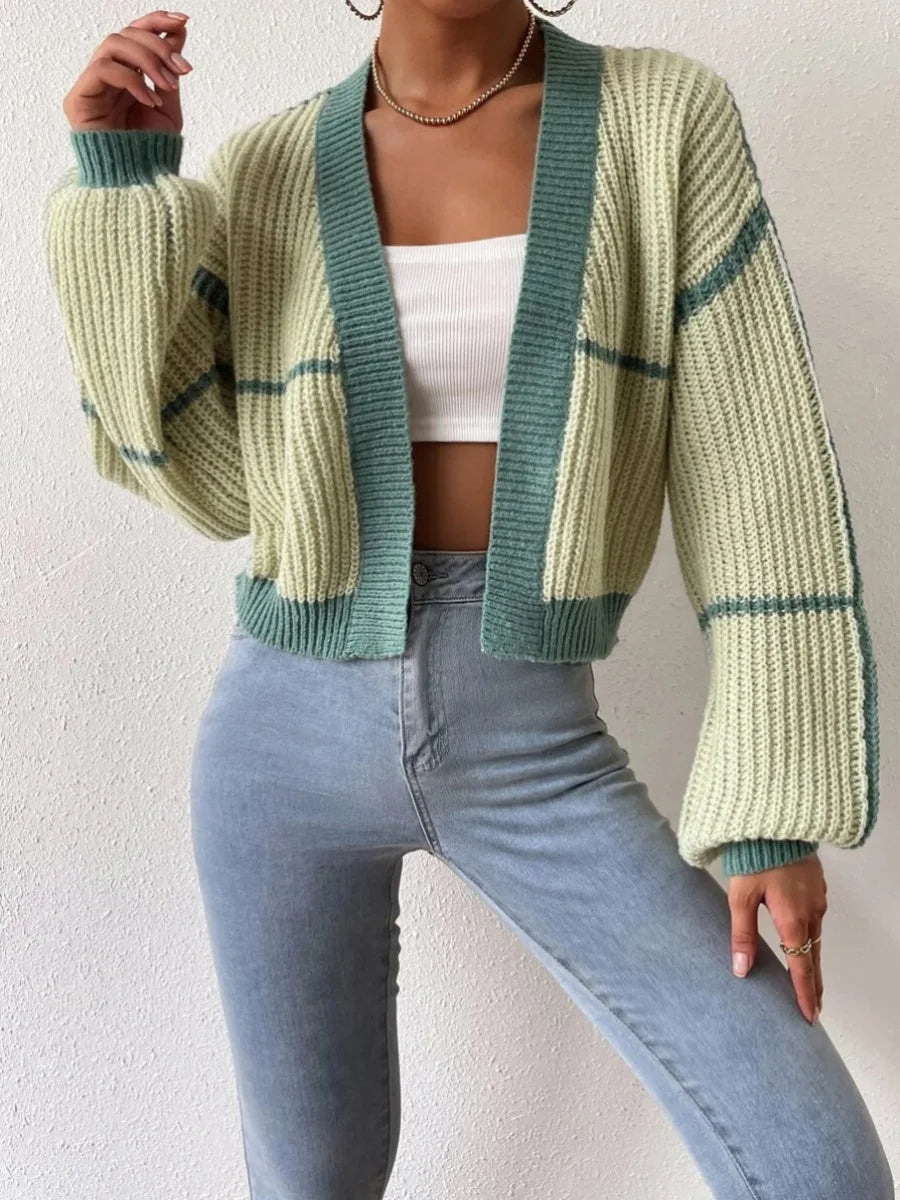 Cardigan court à bandes contrastées et manches longues pour femme | Idéal pour l’automne et les occasions décontractées